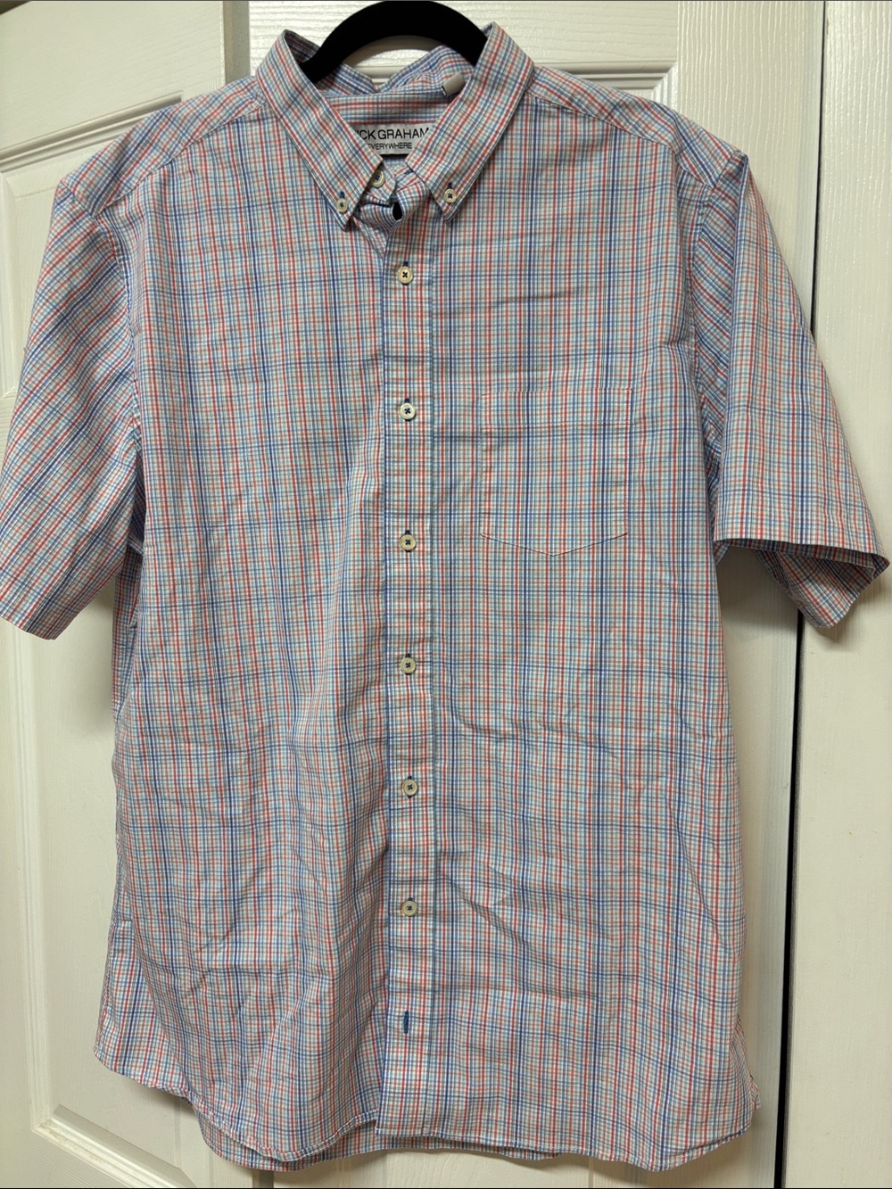Short-Sleeve Plaid Button-Down Shirt in Light Blue and Pink